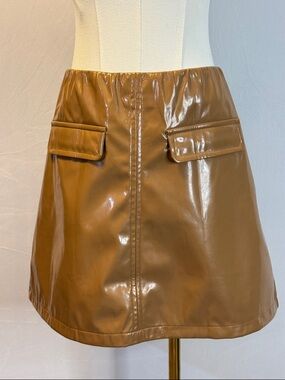 Camel Faux Leather Mini Skirt with Flap Pockets